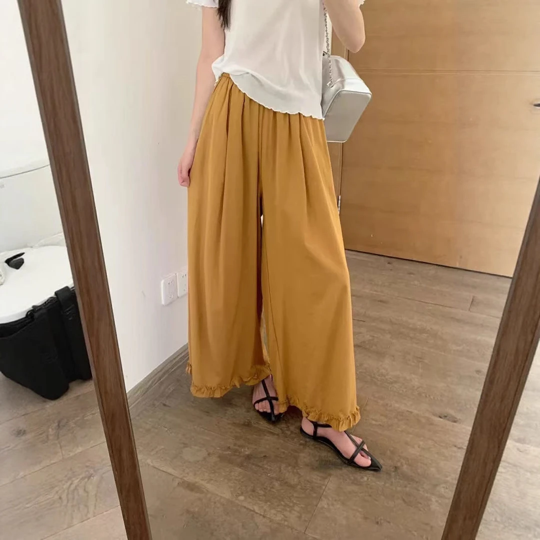 大码重工花边休闲裤女夏胖mm高腰松紧腰显瘦九分直筒阔腿裤