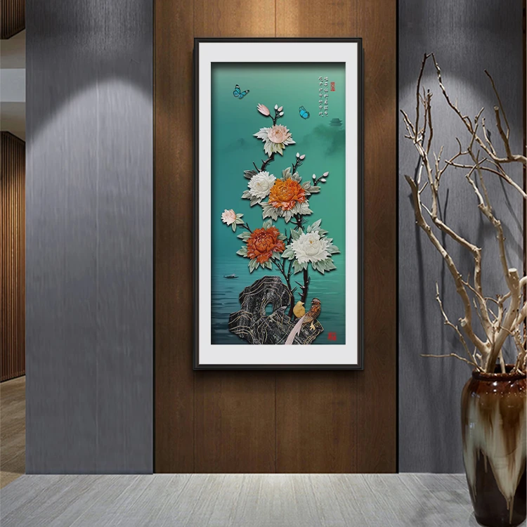 九头鸟手工玉雕画《花开富贵》160x80