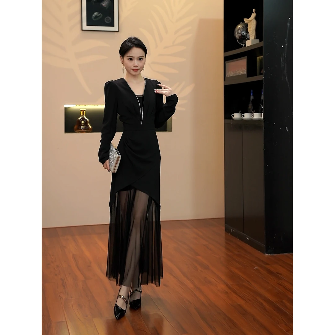 3304法式气质名媛高端轻奢高级感女神范御姐风黑色网纱连衣裙