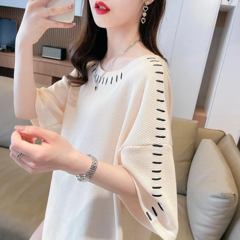 大码女装华夫格短袖t恤女夏季2025新款宽松韩版小众设计感上衣潮