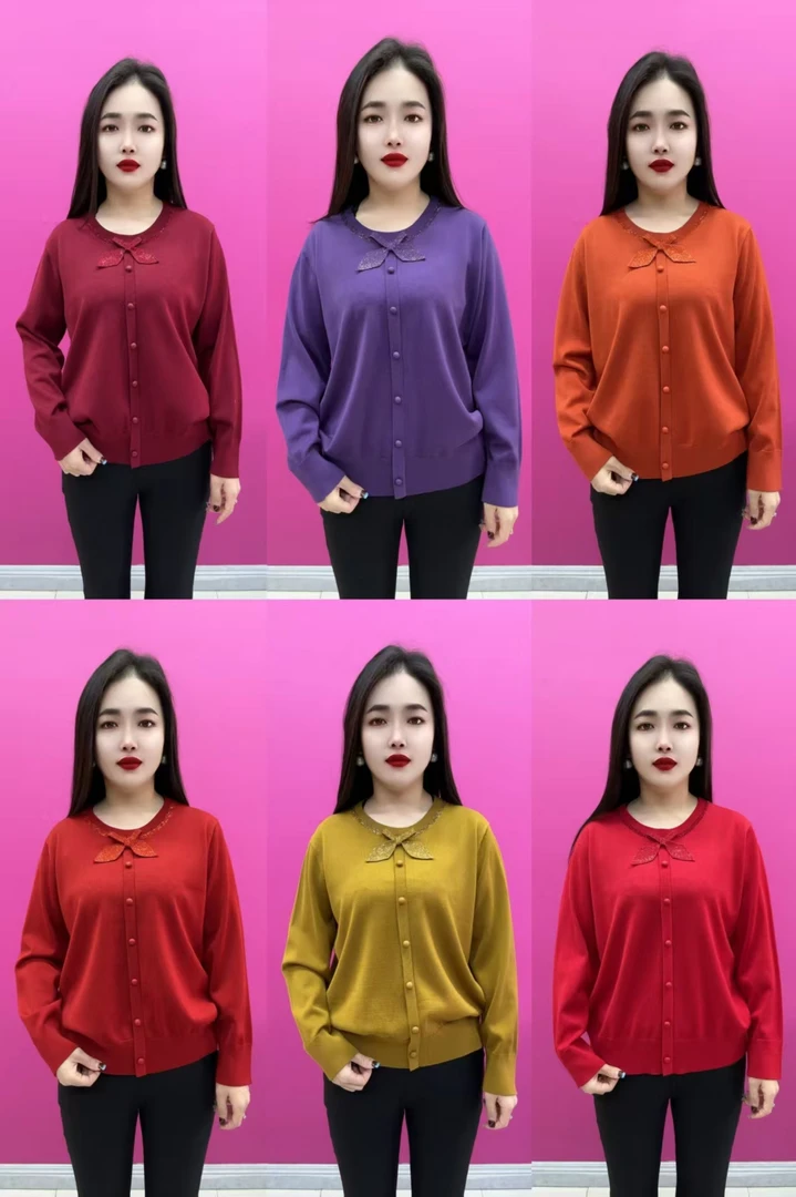 683款圆领蝴蝶结烫钻焦麻针织套头衫