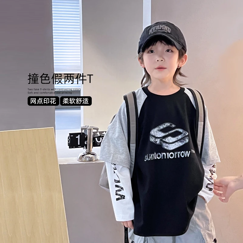 男童长袖T恤儿童中大童打底衫t假两件印花上衣潮男孩503292O3