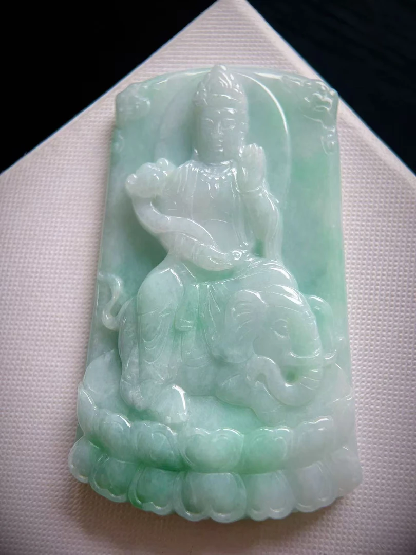 天然缅甸翡翠普贤吊坠生肖龙蛇特大件方牌精美精雕大气挂坠浅绿