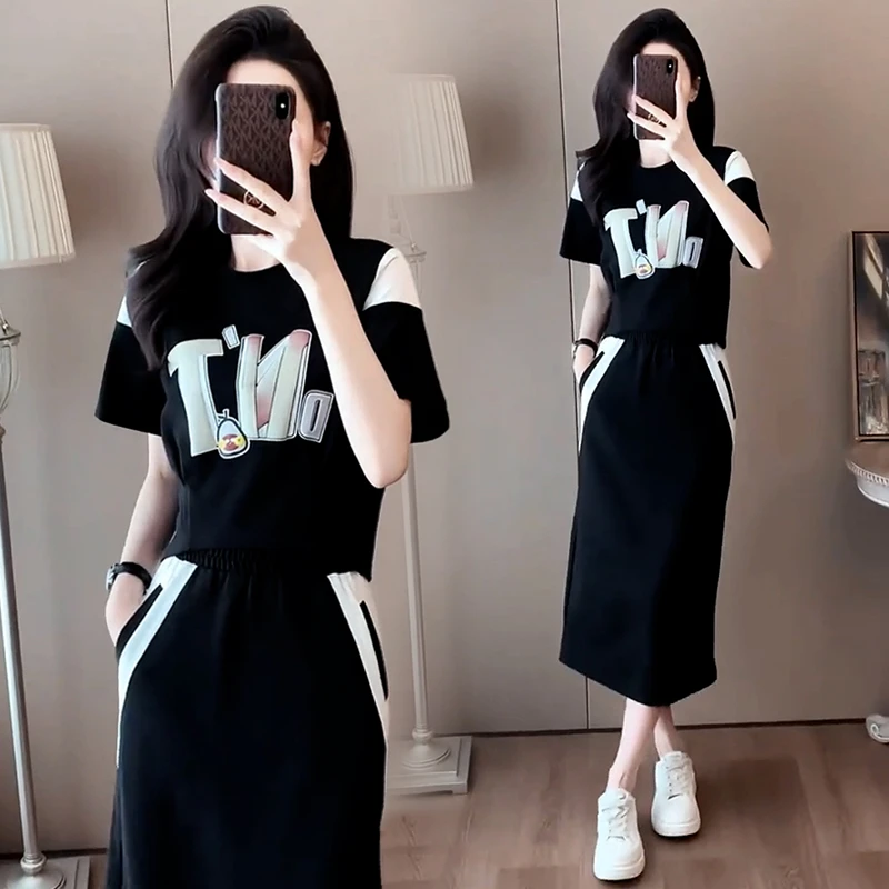 休闲时尚套装女2025年夏季新款韩版减龄气质t恤开叉半身裙两件套