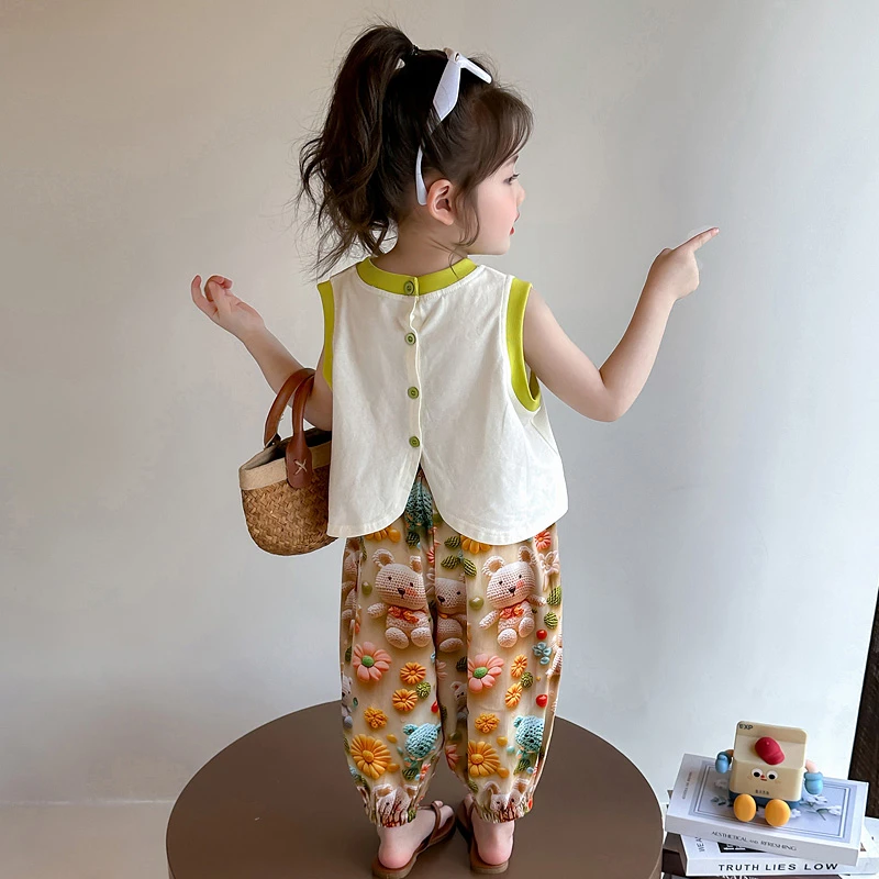 女童夏季无袖套装2025新款儿童卡通小熊防蚊裤洋气宝宝薄款两件套