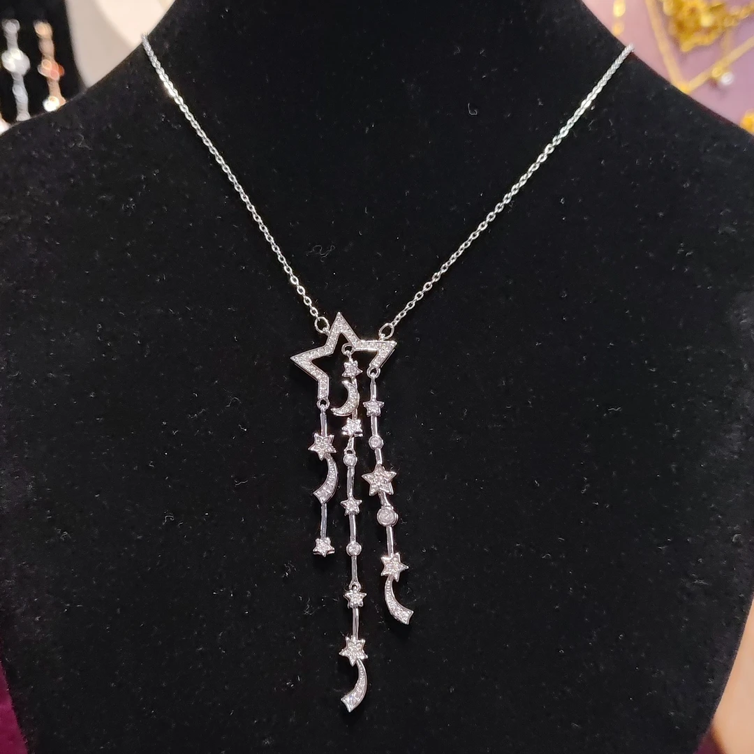 铜合金合成锆石项链 X48五角星流星项链法式轻奢银色满钻链坠