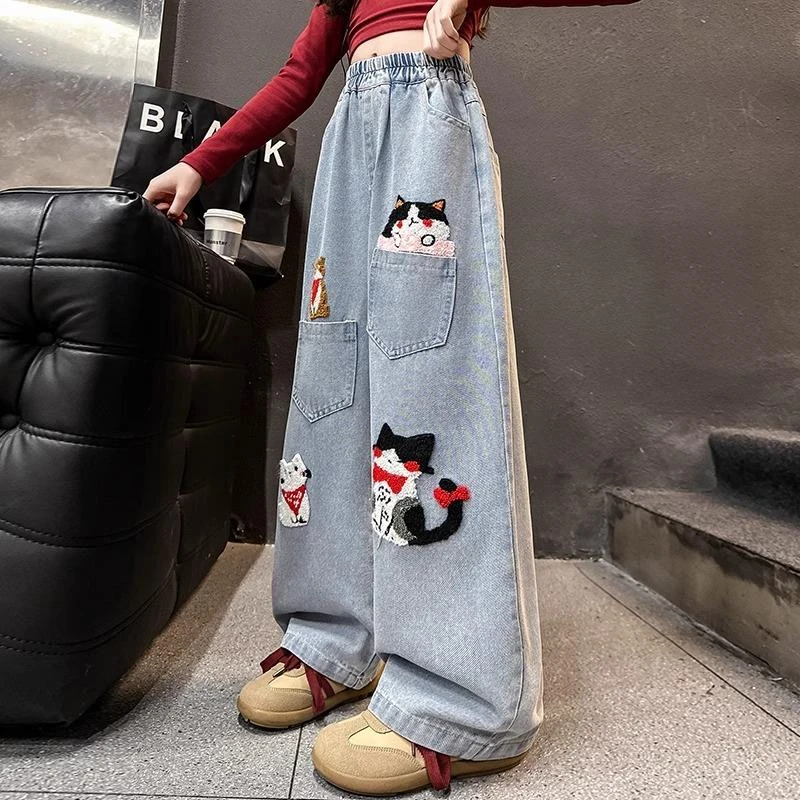 女童牛仔裤秋装2025新款儿童春秋洋派炸街裤子大童秋季宽松阔腿裤