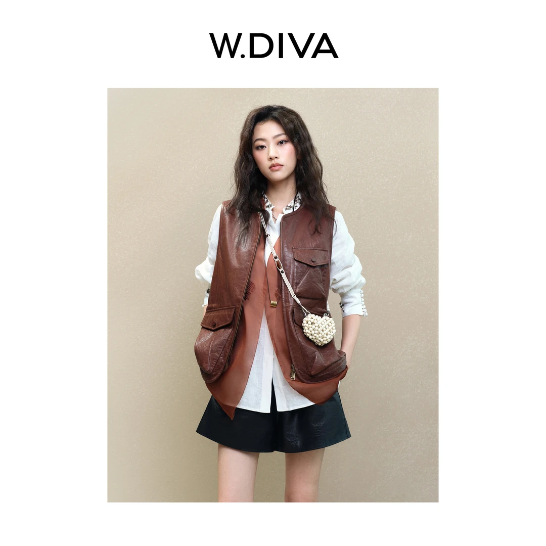 W.Diva【菲林】100绵羊皮革夏季出行圆领时尚休闲马甲皮衣51C201876