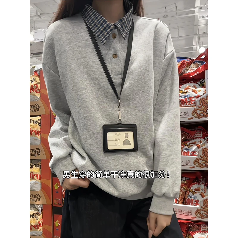 秋冬季假两件卫衣男女款文艺风潮流格纹撞色领口宽松大码休闲上衣