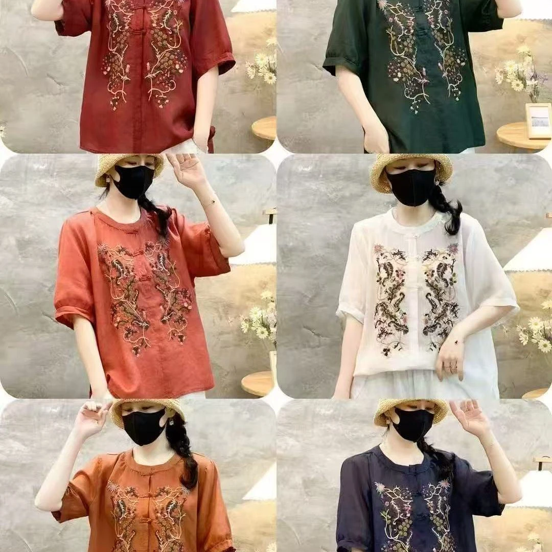 重工彩色刺绣国风盘扣苎麻衬衣女轻薄舒适宽松百搭时尚衬衫520