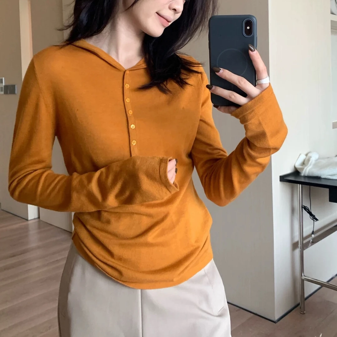 日系复古南瓜橘色正肩长袖连帽T恤磨毛绒衫女秋冬保暖显瘦大码女