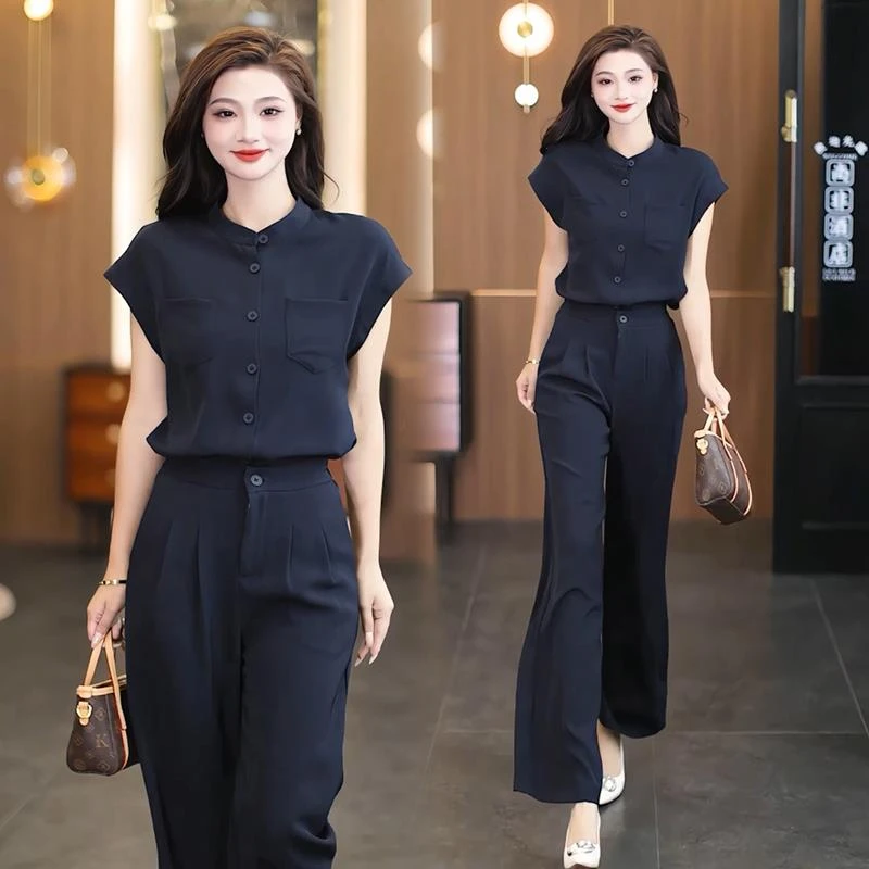 休闲套装女2025爆款时髦洋气显瘦短袖上衣阔腿裤气质两件套潮减龄