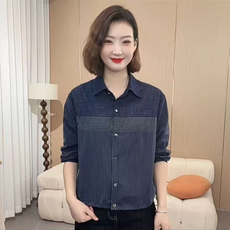 秋季新款洋气爆款流行牛仔拼接长袖宽松显瘦女士衬衫WL6807