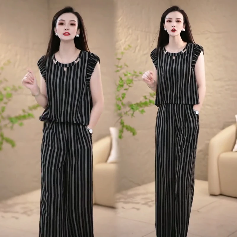 时尚套装女2025夏季新款时髦洋气遮肚子显瘦短袖上衣阔腿裤两件套