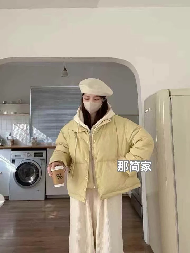 那简家933 韩系拼接设计假两件连帽白鸭蛋白皮厚实外套