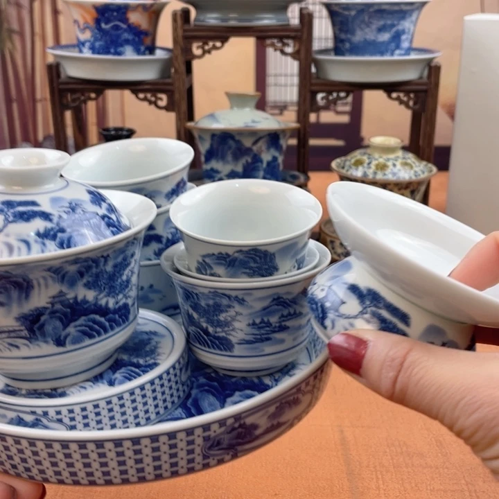 陶摆件青花山水十件套