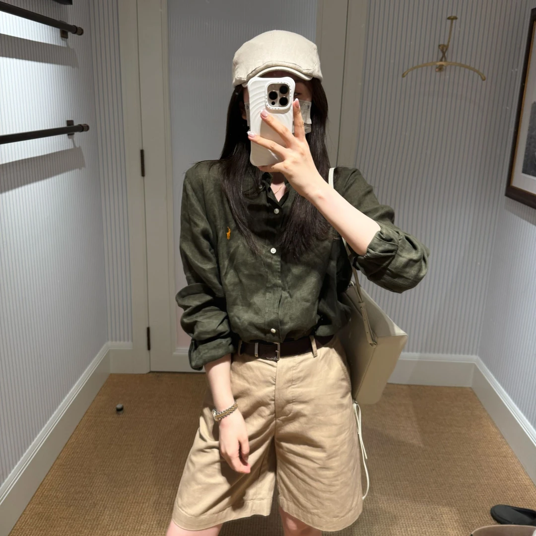 UTWU小敏「拉夫经典」夏1oo亚麻刺绣纽扣经典长袖翻领衬衫S25C1085