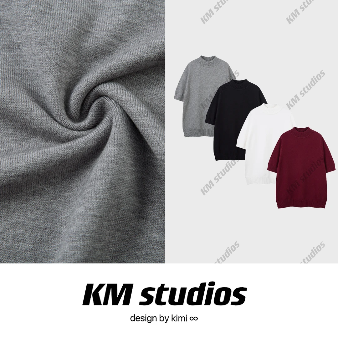 KM studios 老钱风轻奢休闲短款400克针织收口宽肩短袖毛衣男女