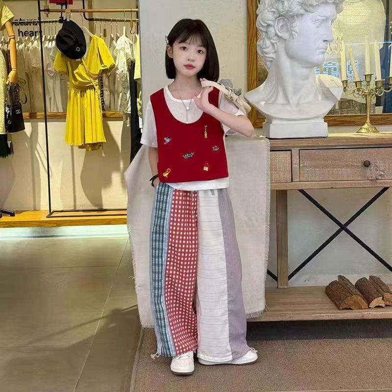 女童夏季假两件短袖套装2025新款儿童洋派时髦彩色阔腿裤两件套潮