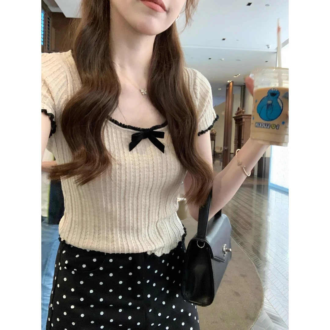 法式温柔风蝴蝶结正肩短袖针织衫女夏季冰丝薄款修身短款u领上衣