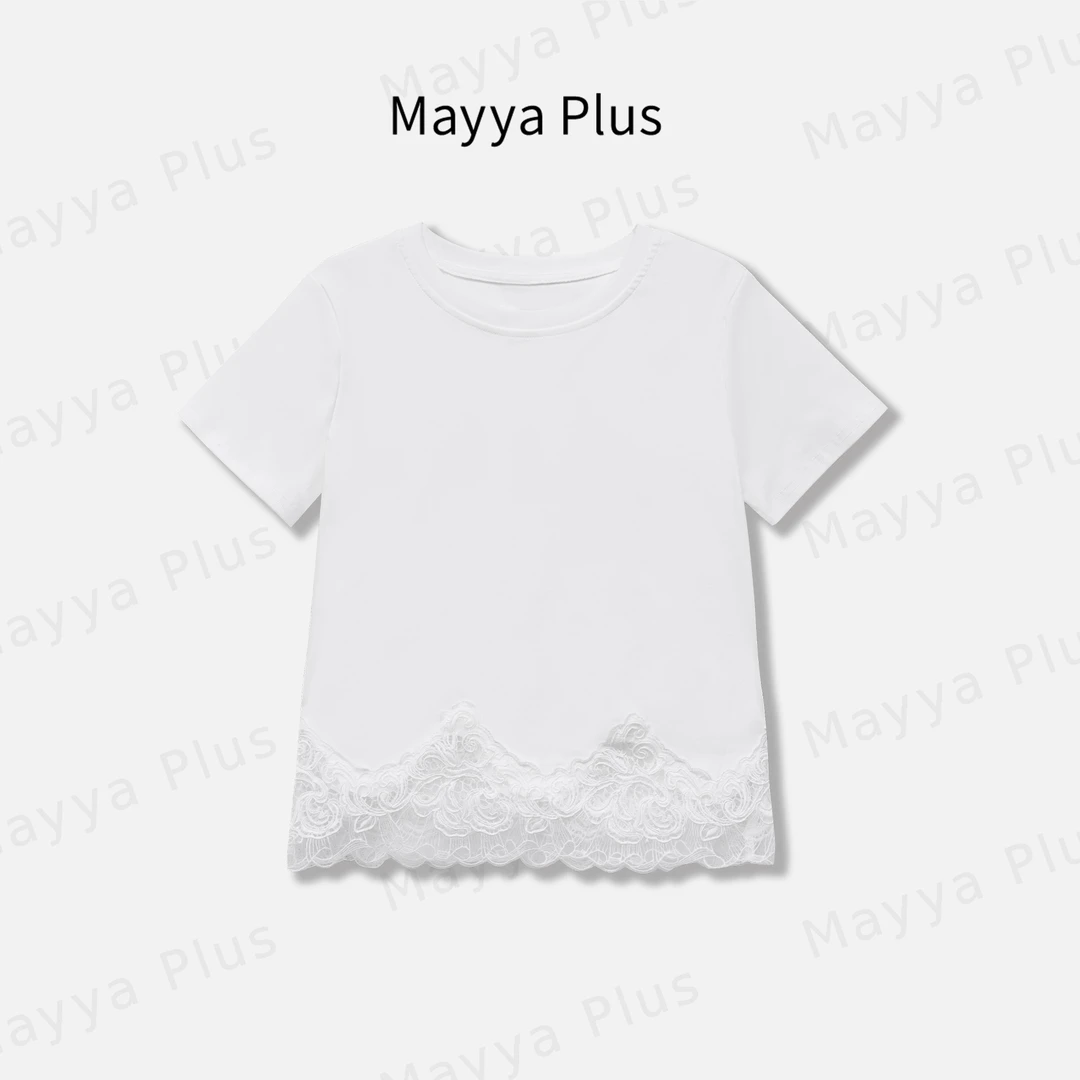 【月白】Mayya Plus麦芽定制法式蕾丝花边短袖T恤减龄上衣32519296