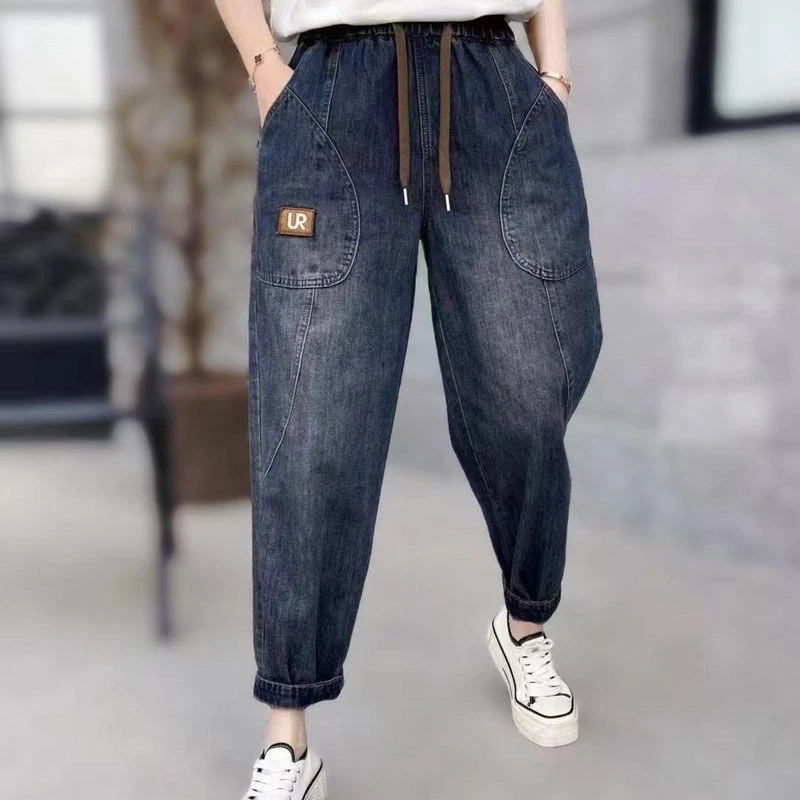 春季新款文艺休闲松紧腰牛仔裤女小个子大码宽松显瘦哈伦九分裤子