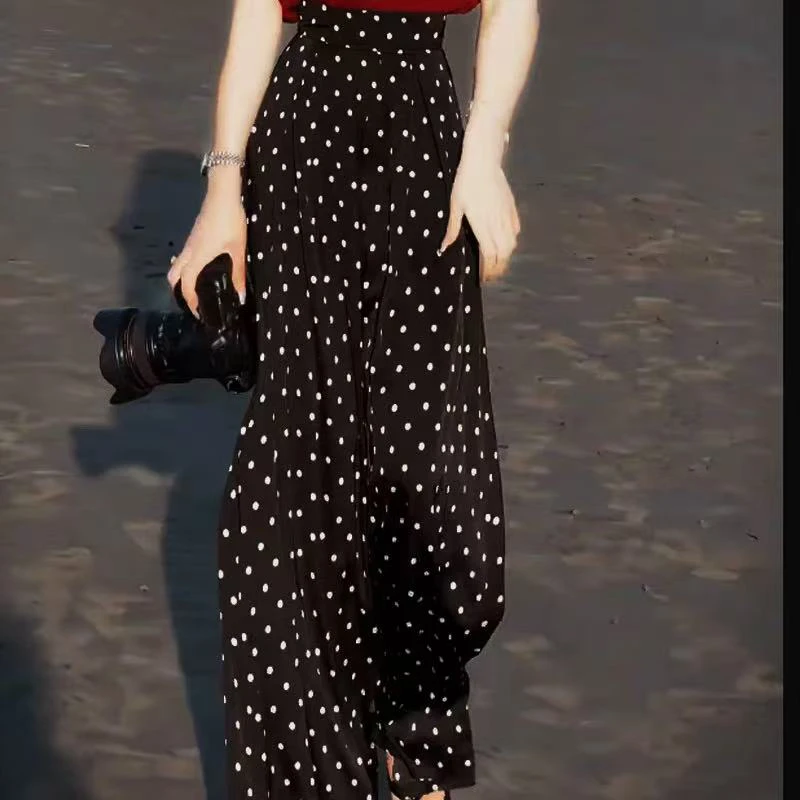 2025夏季新款韩版时尚高腰垂坠感豹纹休闲裤女宽松显瘦波点阔腿裤