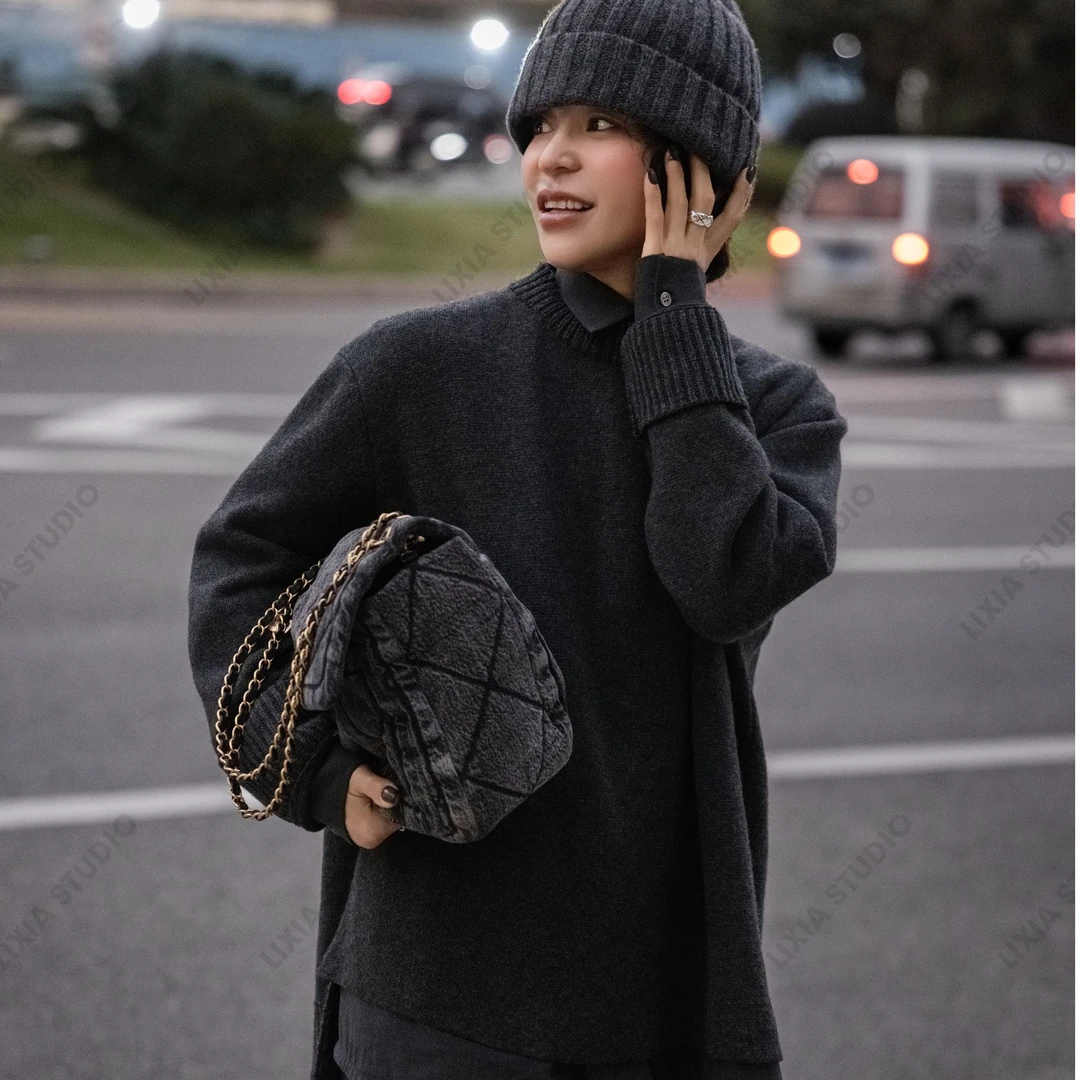 LIXIA【叠织灰】韩系自留款强设计师款 两件套针织高货毛衣-D10672