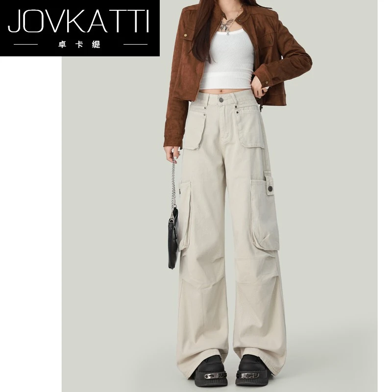 杏色工装牛仔裤女2025秋冬高腰宽松设计感直筒垂感阔腿裤