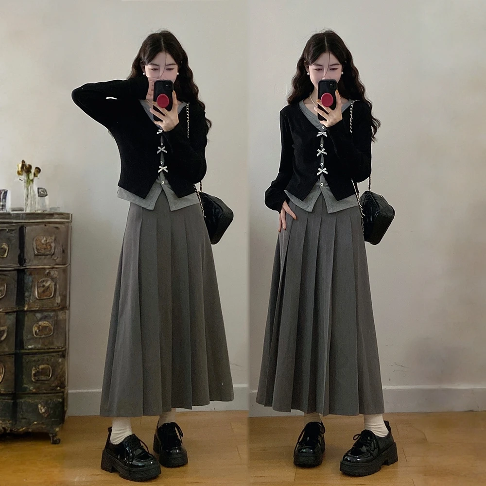 大码休闲套装女2025新款秋季假两件针织衫胖MM高腰半身裙子两件套