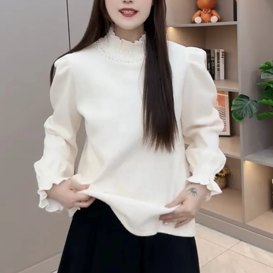 冬季大码纯色加绒加厚钉珠宽松半高领卫衣打底衫