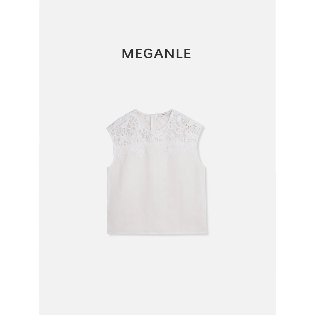【独白】MEGANLE 简约圆领蕾丝镂空拼接无袖上衣2024315