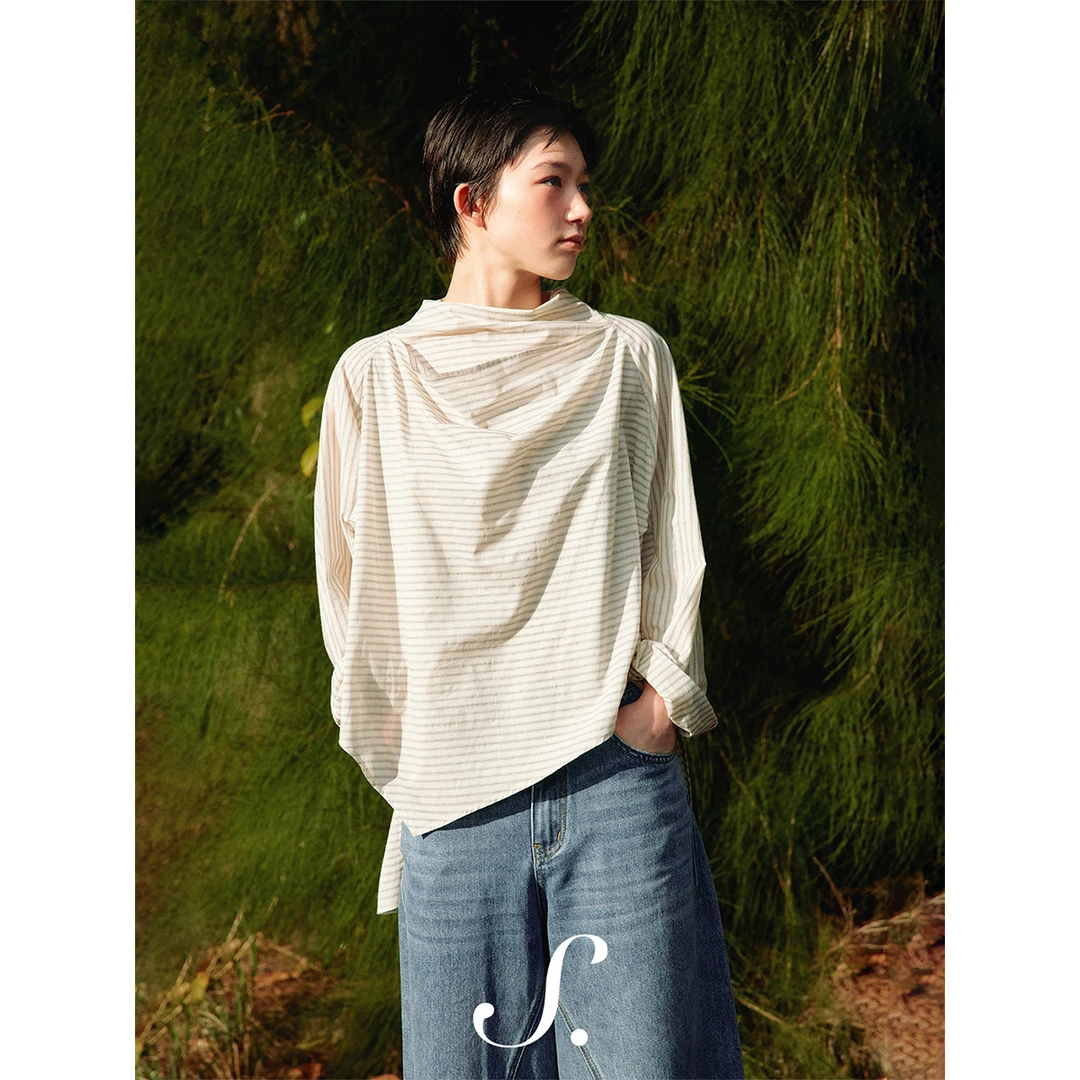 shyshy“槐序的篇章”设计感叠片微微荡领纯棉条纹衬衫