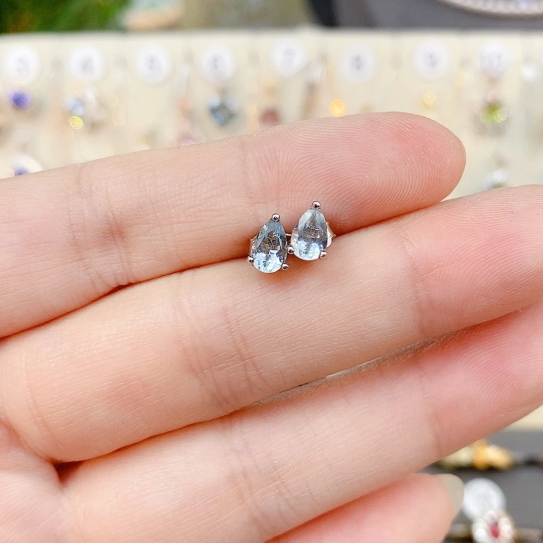 海蓝宝石银S925镶嵌耳饰