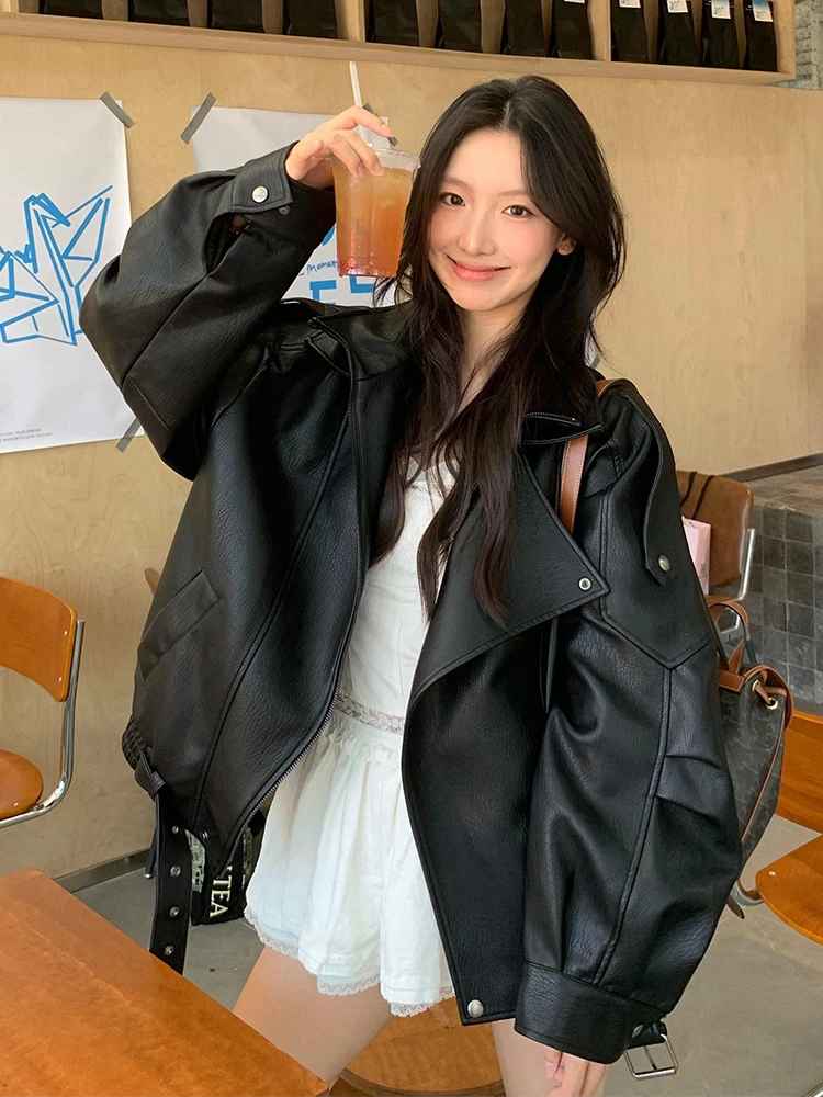 美式复古荔枝纹黑色皮衣外套女春季新款高级感宽松显瘦pu皮机车服