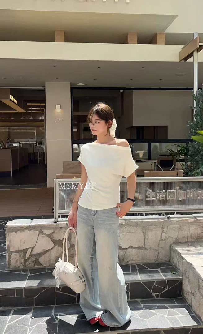 【海南肉丝】新品斜肩不规则时尚简约上衣3299