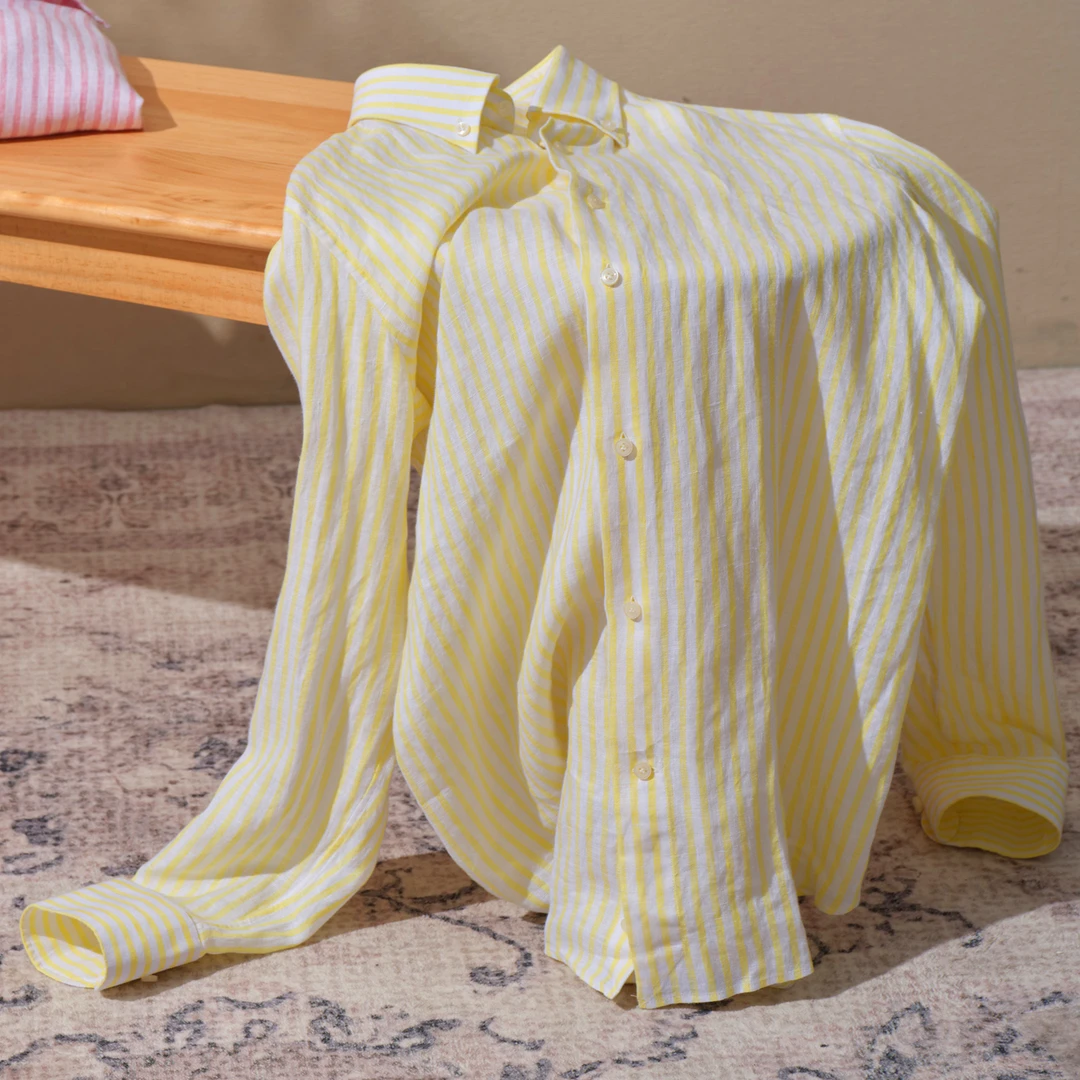 Nappole浅黄色条纹休闲水洗衬衫时尚气质长袖男士