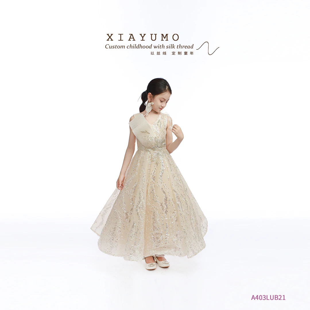 夏羽墨女童夏季花童公主儿童高级儿童节香槟金无袖吊带夏季裙