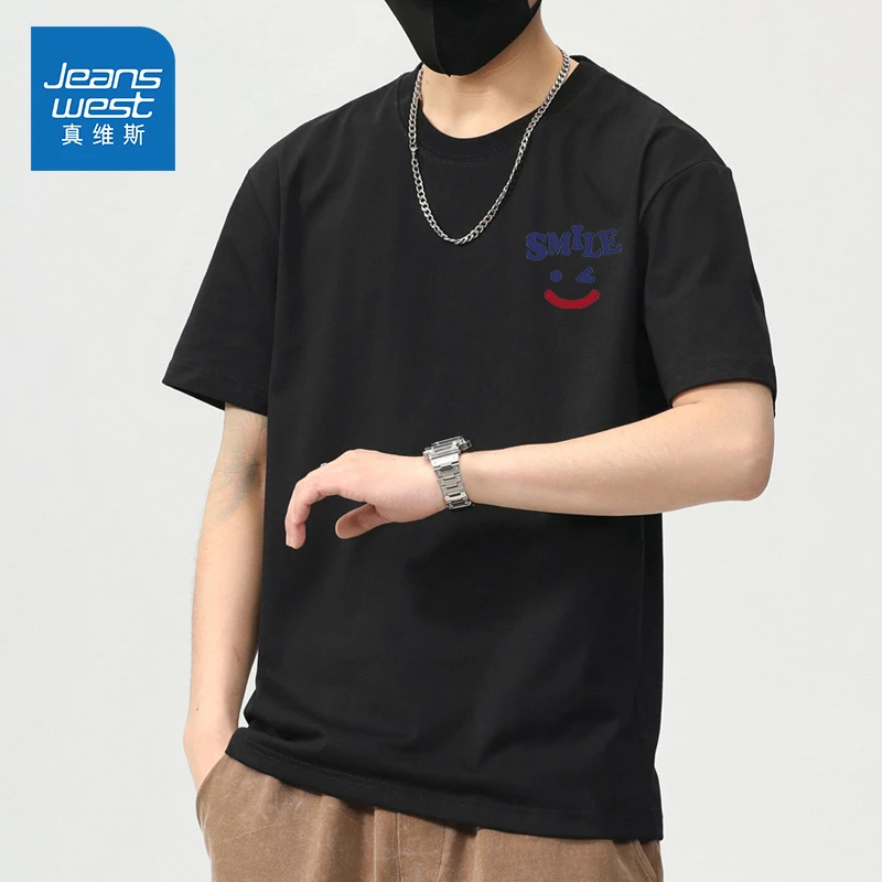 Jeanswest/真维斯潮牌印花短袖T恤男士夏季宽松圆领休闲半袖上衣