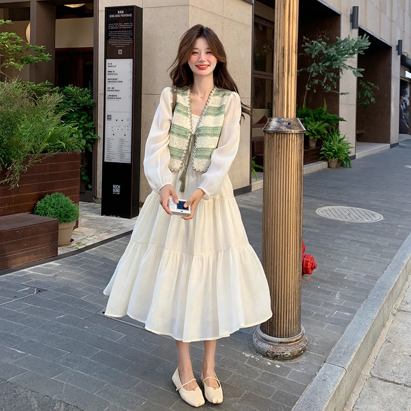小清新针织马甲连衣裙套装女2025秋季新款显瘦巨好看绝美洋气裙子