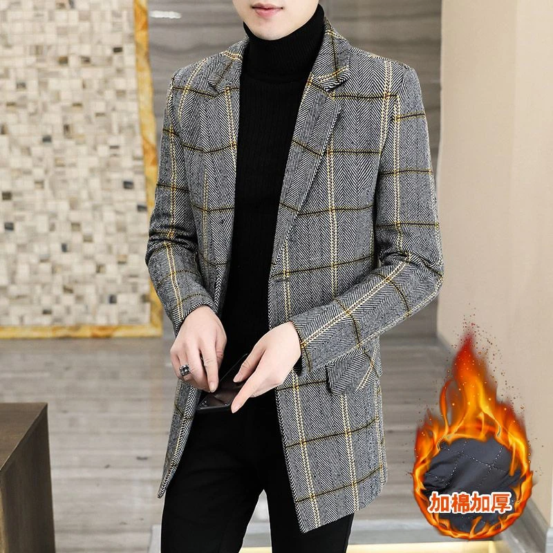 秋冬季男士格子风衣中长款毛呢大衣韩版潮流呢子外套修身加棉加厚