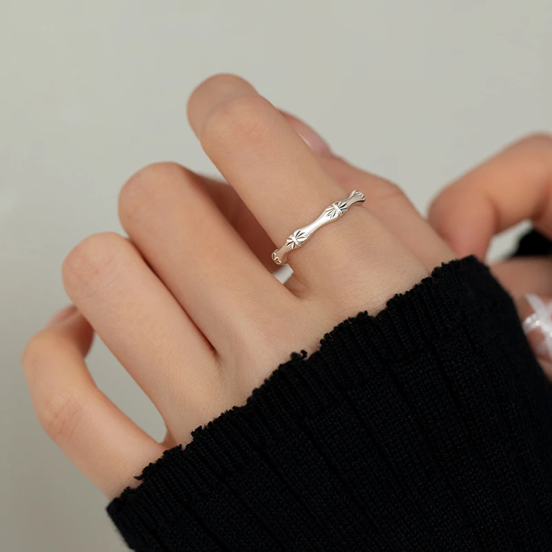 足银戒指 999纯银竹节素圈食指戒时尚个性可调节指环女小众设计感