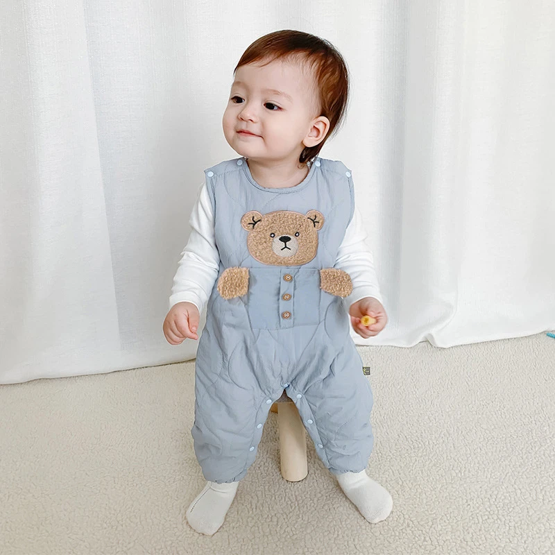 婴儿连体衣冬新款口袋熊男宝宝加绒马甲爬圆领新生儿韩版婴儿服装