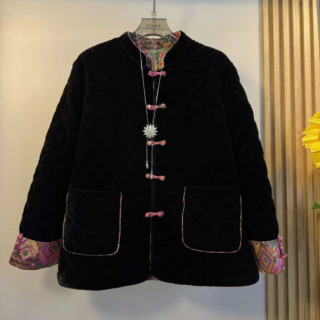 2025秋冬季新款双面穿丝绒织锦缎盘口立领新中式国风棉服保暖外套