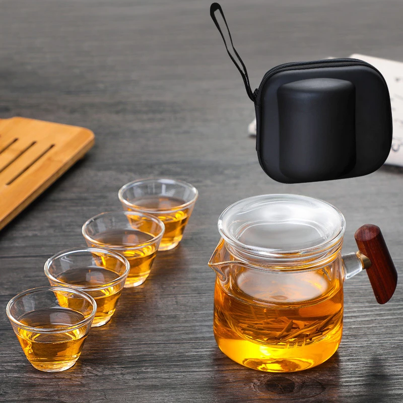 玻璃旅行茶具套装便携式木把旅行新款家居旅行一壶四杯茶水分离