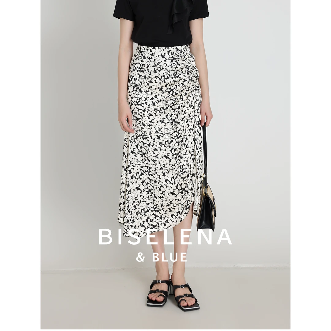 2516抽褶撞色碎花不规则下摆半身裙年商场同款半身裙