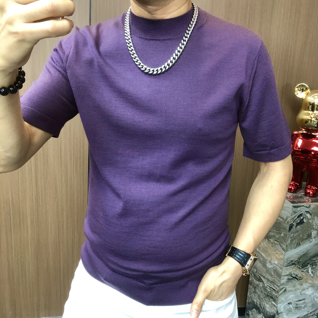 （秋冬顶奢全羊毛）高端轻奢可机洗精纺羊毛圆领纯色针织半袖6023