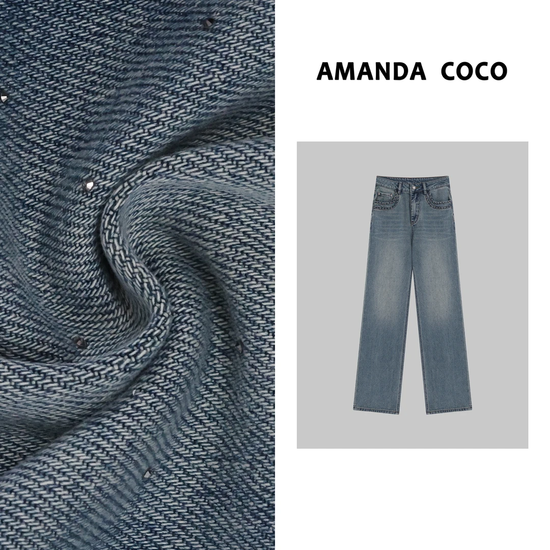 欧货潮牌~高定重工链条烫钻牛仔阔腿裤28488