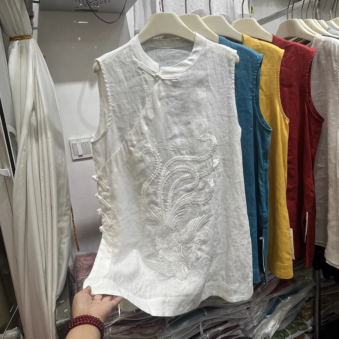 1511款棉麻无袖刺绣背心衬衫女复古上衣