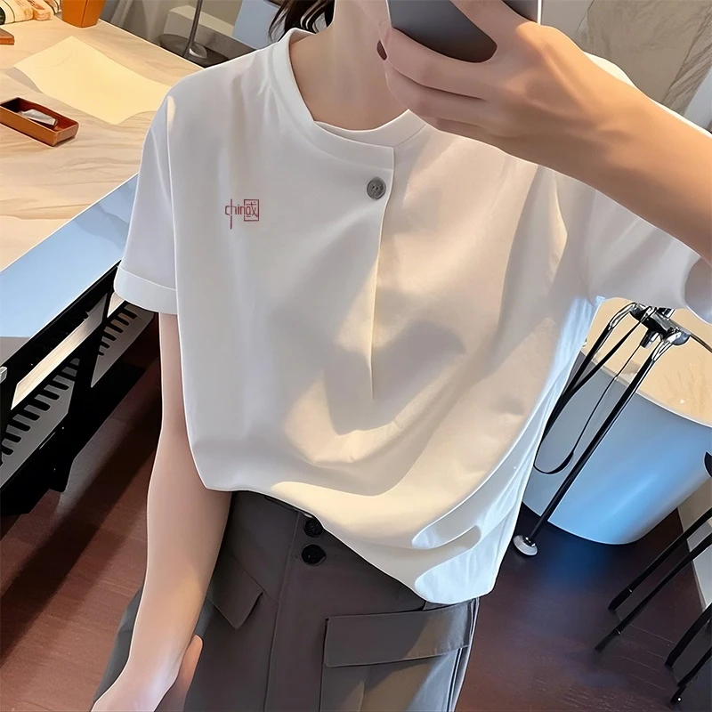 欧货纯棉白色短袖女T恤夏季内穿外搭衣服显瘦宽松一粒扣上衣潮